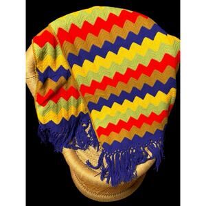 Vintage Handmade Crochet Chevron Blanket Throw Afghan 70s Multicolor Fringe